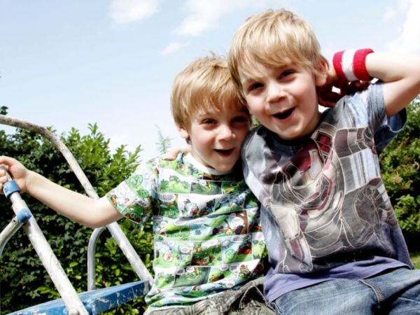 Two brothers laughing together on a climbing frame outdoors under a blue sky